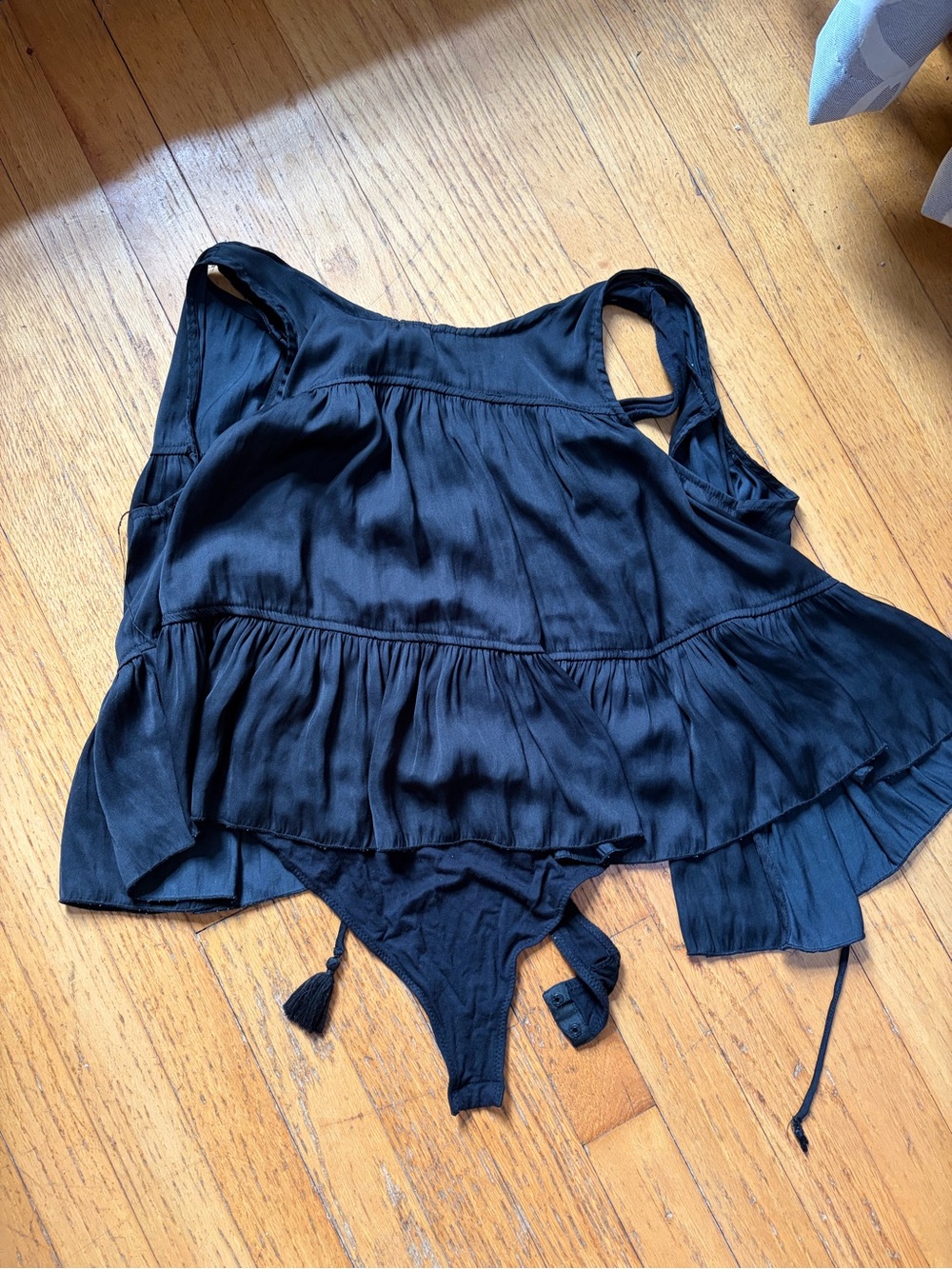 Free People Black Ruffled Silk Chemise with Built-In Bodysuit